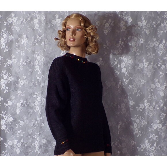 Vintage 80s Fancy Sweater 1980s Black & Silk Long Sleeve New Wave Size Large - Picture 2 of 8